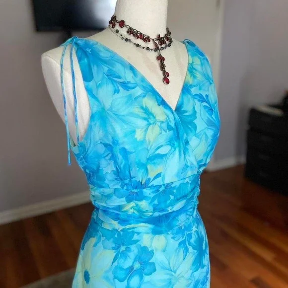 Connected Apparel Y2K Fairy Blue Floral Chiffon Midi Dress Ruched Waist Size 14 - Picture 3 of 8